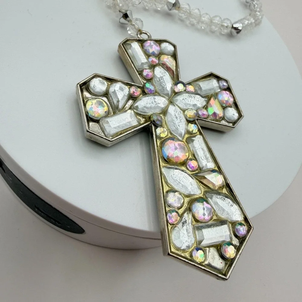 Vintage Silver Tone Beaded Cross Charm Bracelet Rhinestone Crystal‎ AB Statement